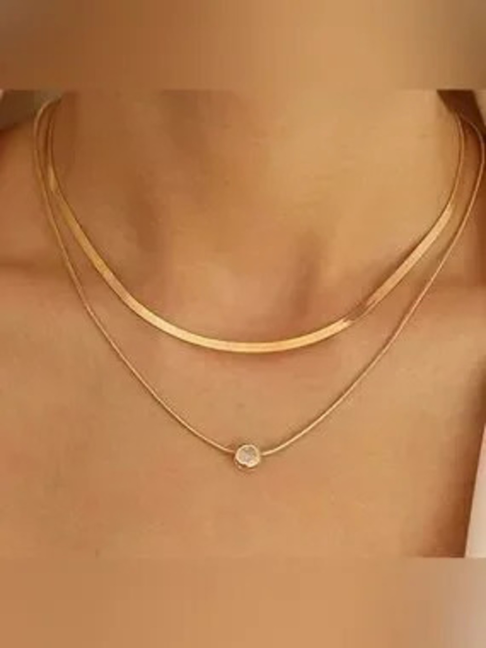 14k Gold Plated 2pc Herringbone CZ Necklace Set
